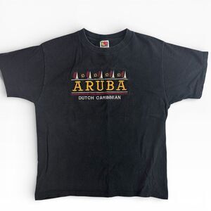 Vintage Aruba Mens T-Shirt L Black Fruit of the Loom Embroidered Graphic Tourist